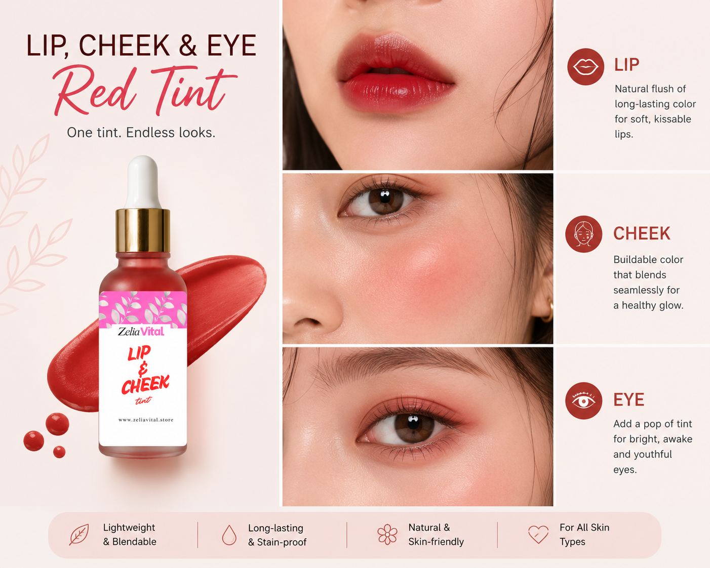 Red Lip and Cheek Tint - Natural, Moisturizing, and Long-lasting Lip and Cheek Tint with Repairing Ingredients - 30ml